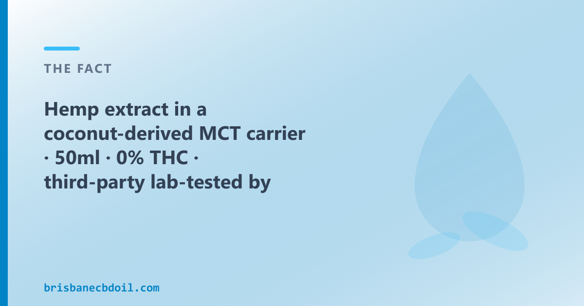 Hemp extract in MCT coconut oil, 0% THC confirmed by batch COA, 50ml bottles, shipped across Brisbane and QLD
